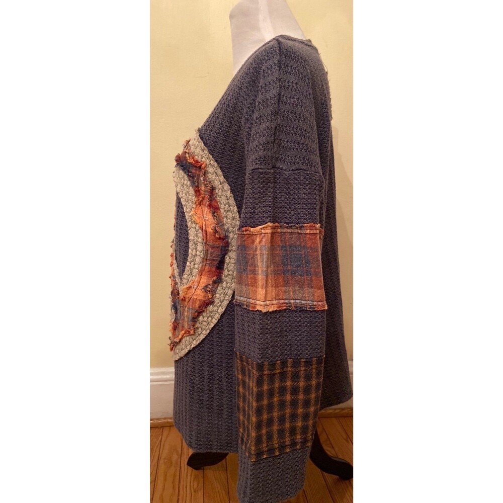 Oli & Hali top Peace sign oversized Sweater OLI HALI pockets plaid NWOT blue new - Picture 11 of 12